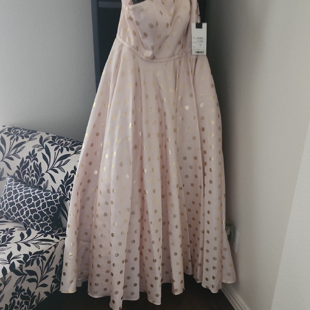 Mac Duggal Blush and Gold Polka Dot Gown Size 12.